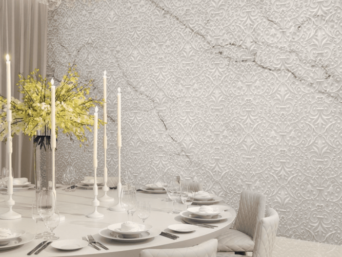 Imagen de salon con una decoración en blanco con mesa preparada para comensales